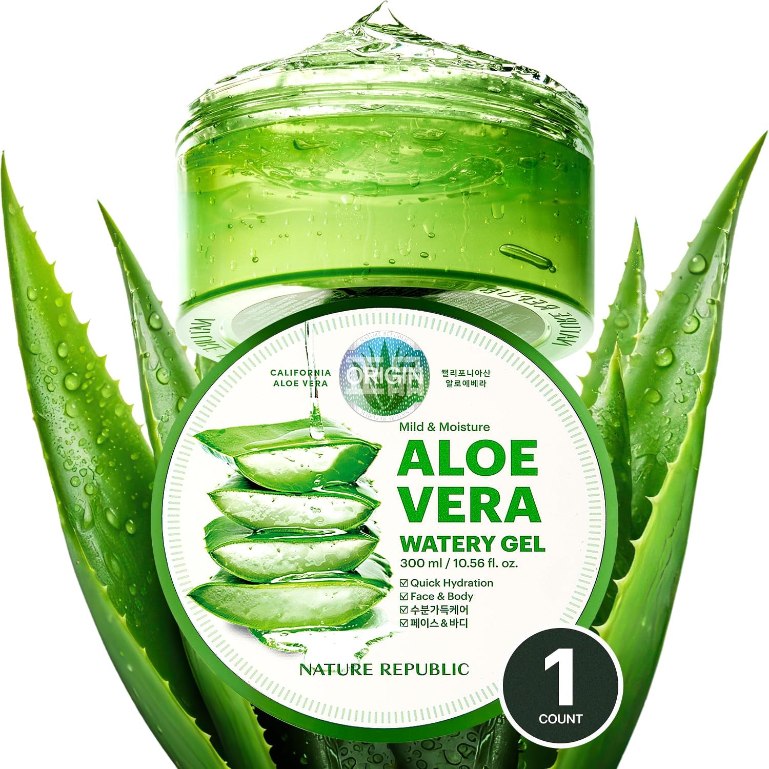 MILD & MOISTURE ALOE VERA WATERY GEL (1 PCS) Quick Hydration & Moisturizing,Fast Absorbing Non-Sticky Texture,Korean Skin Care for Face,Hair,Sunburn Relief, Aftershave, All Skin Types